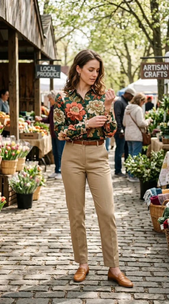 Woman wearing bold botanical floral blouse with tailored khaki trousers for spring, classy polished floral blouse outfit idea
