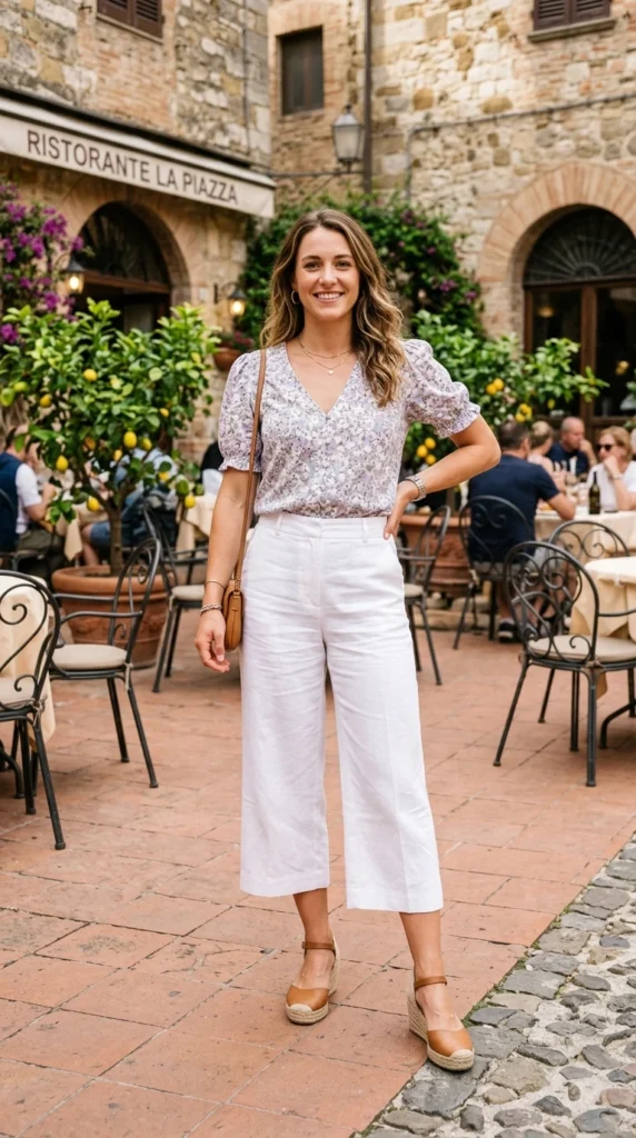 Woman wearing floral blouse with white culottes and espadrille wedges for spring, classy polished floral blouse outfit idea