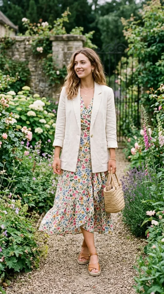 Woman layering cream linen blazer over floral midi dress for spring garden party outdoor styling