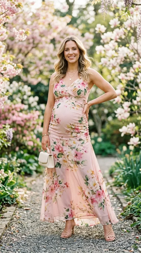 Pregnant woman in blush pink chiffon floral maxi dress with nude sandals, spring maternity outfit