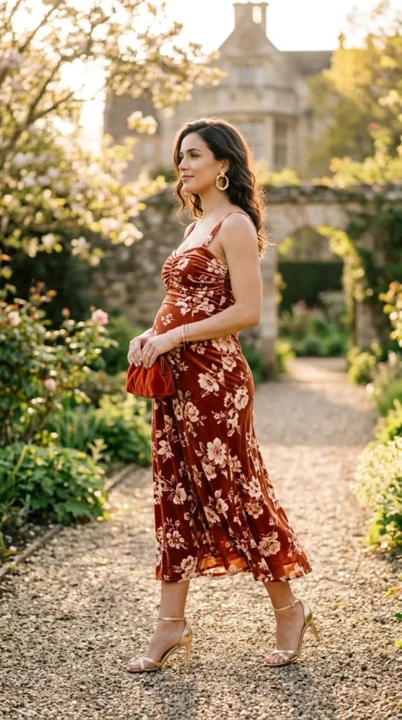 Pregnant woman in terracotta burnout velvet floral dress with gold heeled sandals, side view spring evening look