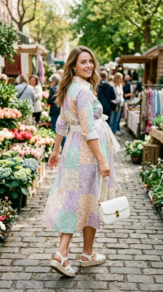 Pregnant woman in pastel patchwork floral shirt dress with white belt, over-shoulder view spring maternity style