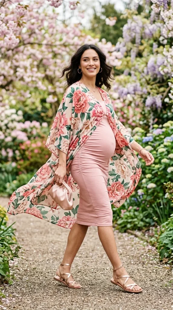 Pregnant woman in floral kimono over blush maternity dress walking in spring, flowing maternity outfit