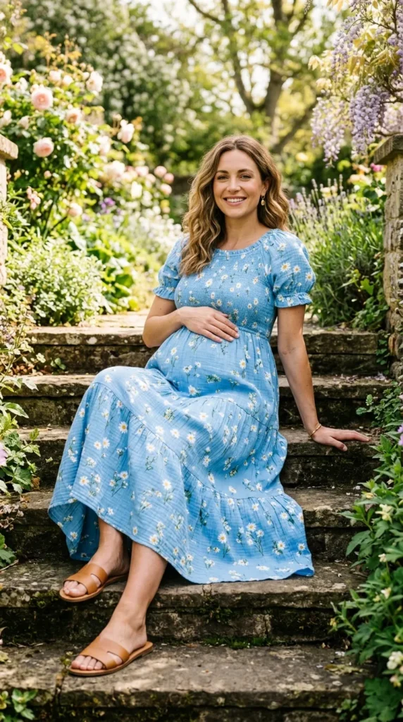 Pregnant woman sitting in blue tiered floral maxi dress on garden steps, casual spring maternity style