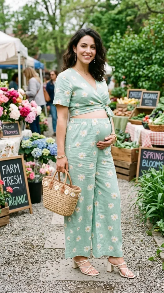 Pregnant woman in mint green linen floral co-ord set with ivory accessories, 3/4 view spring maternity outfit