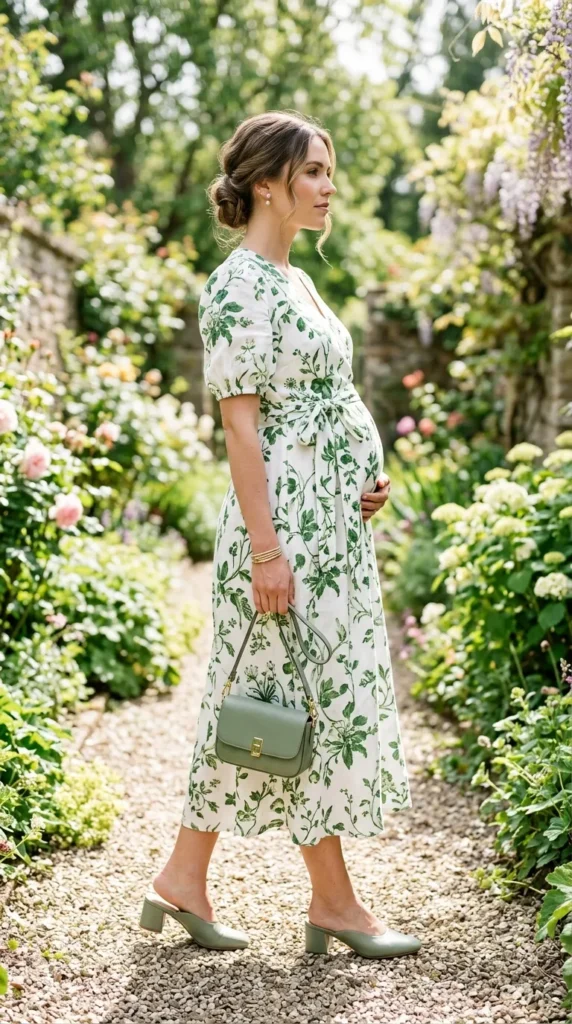 Pregnant woman in white botanical floral wrap dress with sage accessories, side view spring maternity look