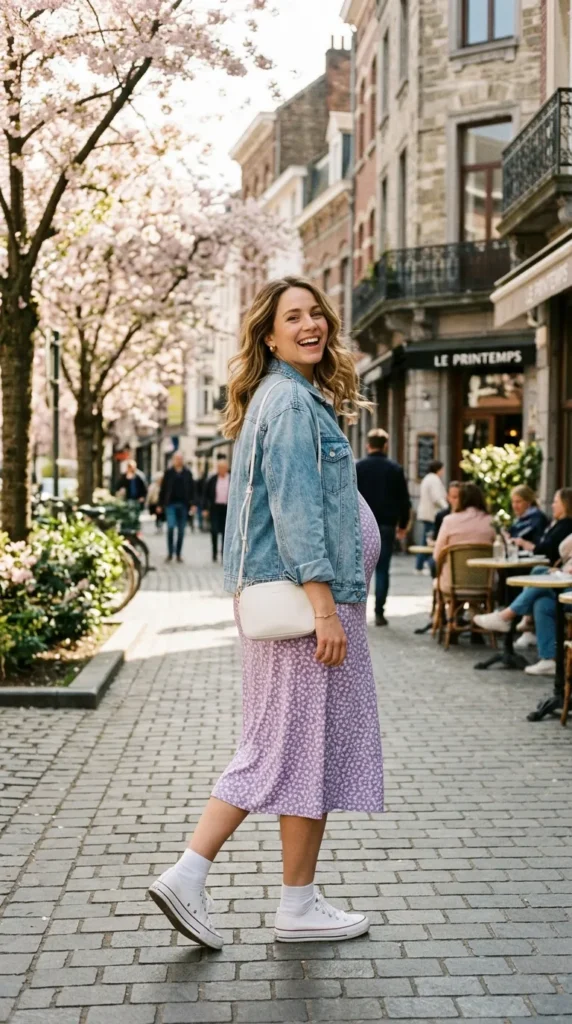 Pregnant woman in lilac floral midi dress with denim jacket and white sneakers, casual spring maternity look