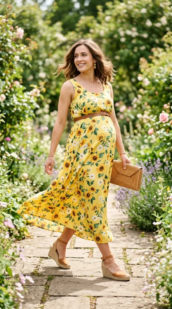 Pregnant woman walking in yellow sunflower print maxi dress with espadrilles, spring maternity outfit