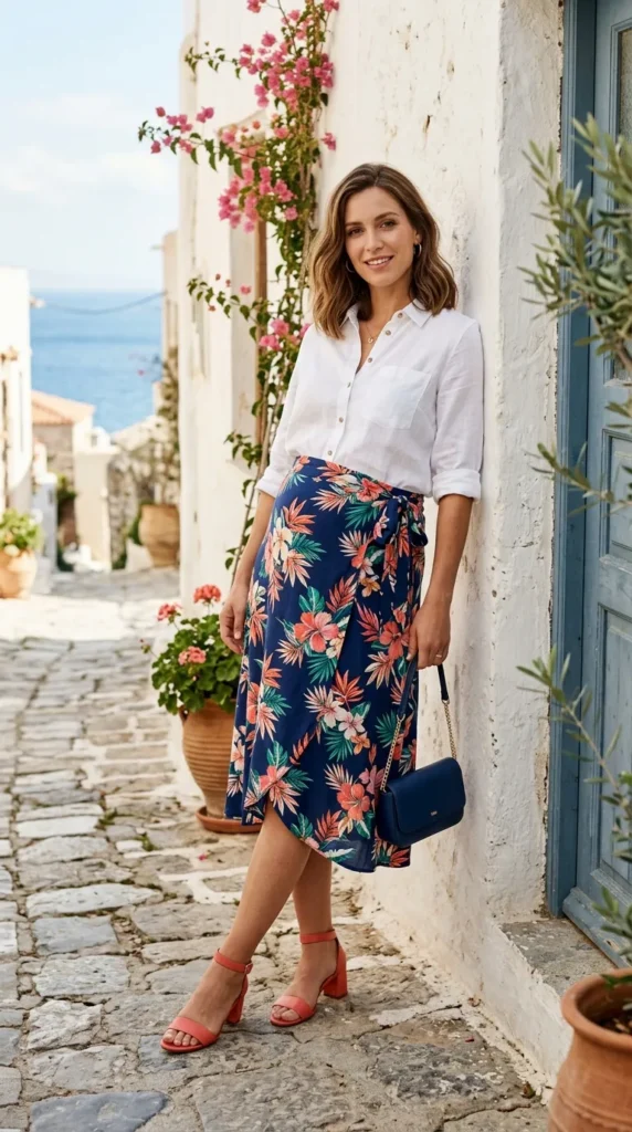 Pregnant woman in navy tropical floral wrap skirt with white linen blouse, leaning against wall, spring style