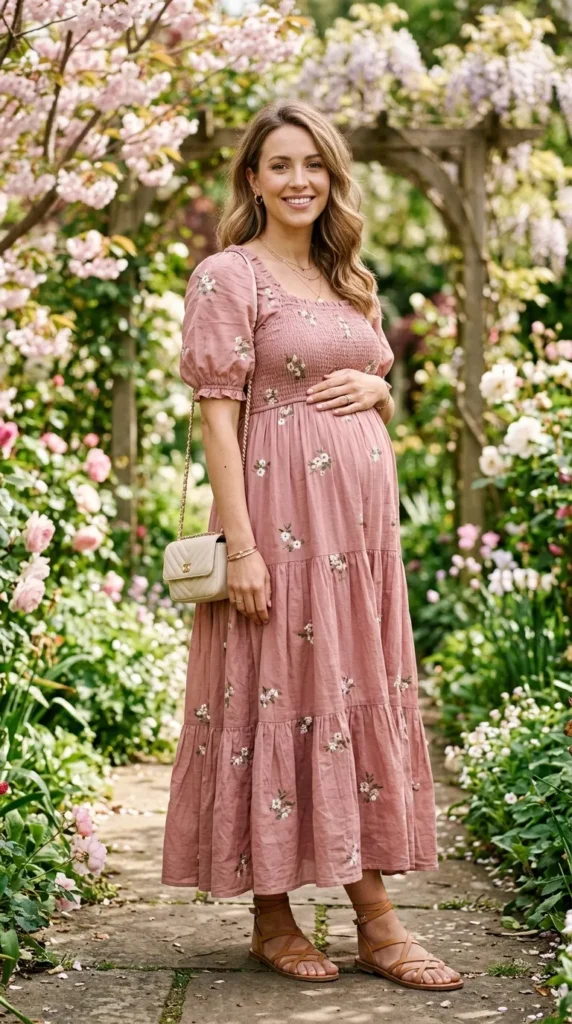 Pregnant woman in dusty rose smock dress with floral embroidery, 3/4 view, spring maternity photo