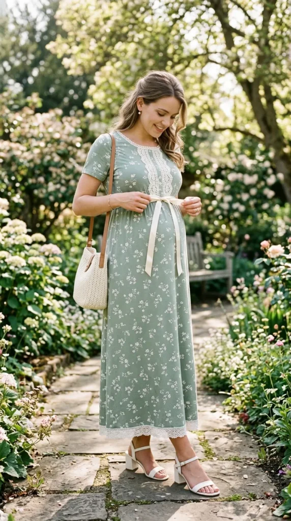Pregnant woman in sage green floral maxi dress with lace trim looking down at bump, candid spring maternity photo