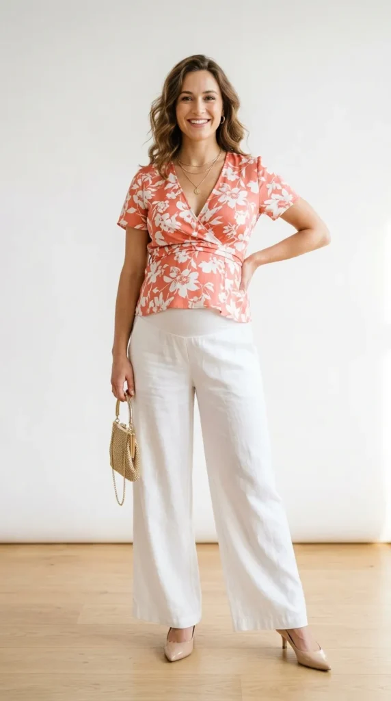 Pregnant woman in coral floral wrap top and wide-leg white linen trousers, spring maternity outfit