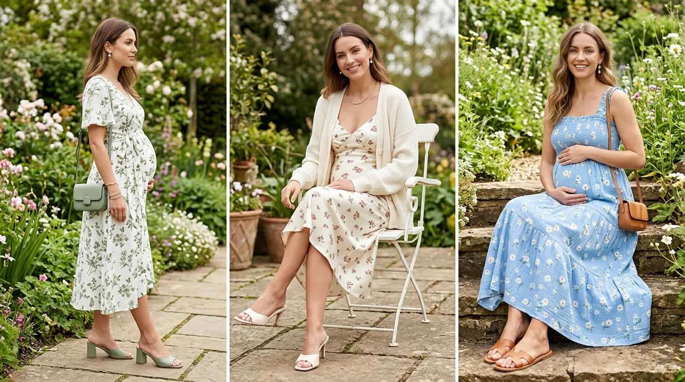 Pregnant woman in flowing floral maxi dress for spring maternity style, gorgeous expecting mom outfit