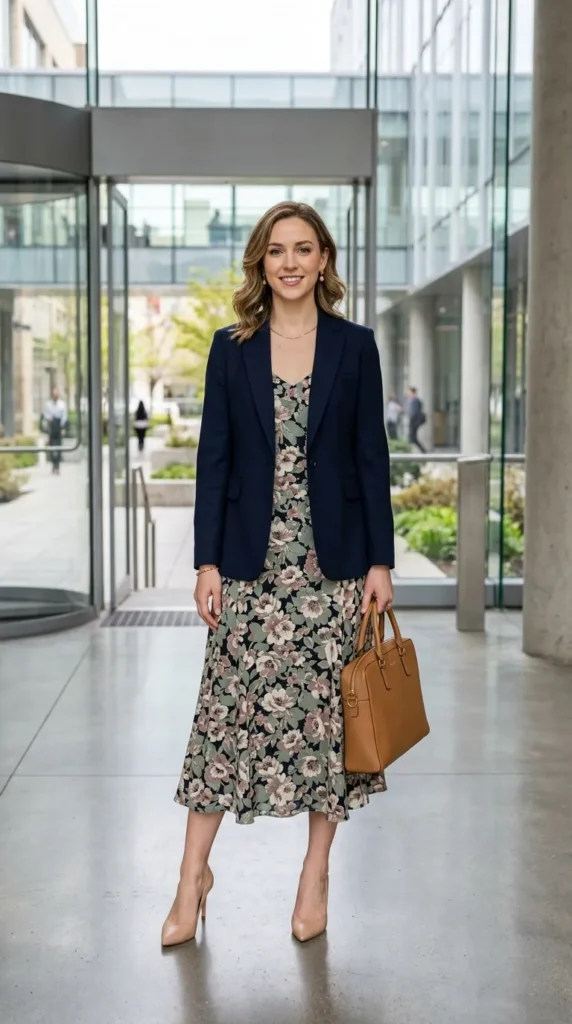 spring floral outfits for the office Woman in floral midi dress with tailored blazer and court heels, professional spring office look