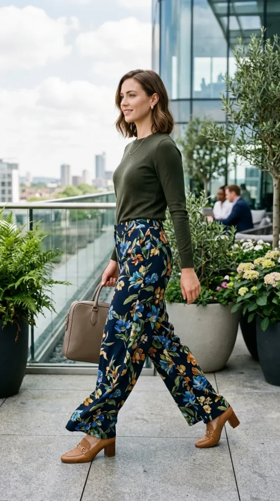 "Woman in floral trousers with solid knit and heeled loafers side view, bold professional spring look