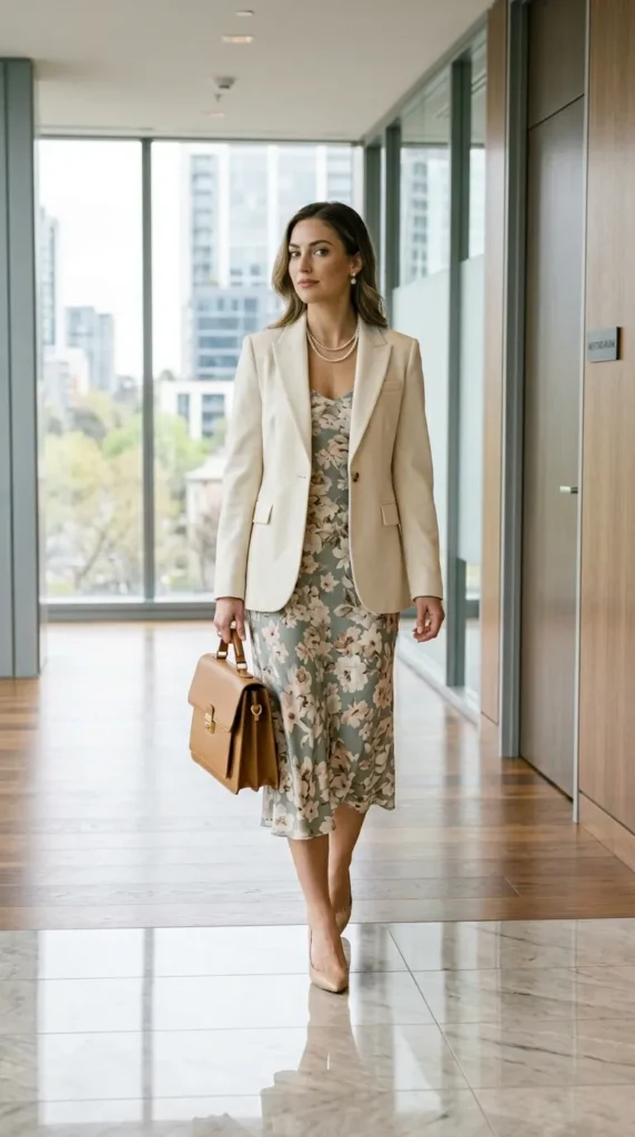 Woman in muted floral midi with cream blazer over shoulder view, conservative professional spring look