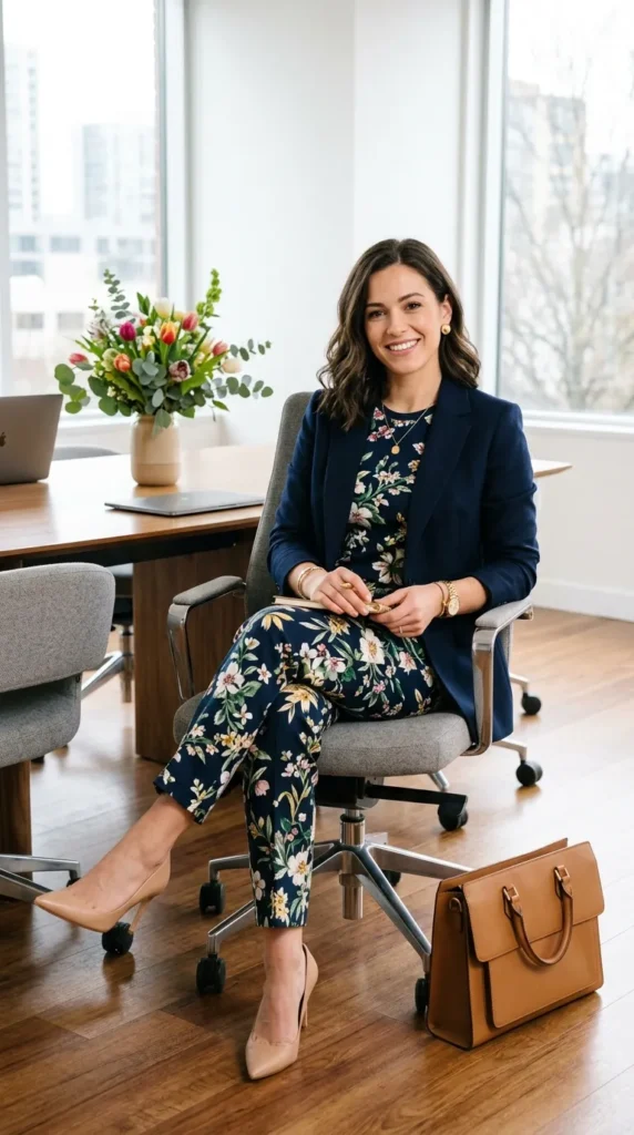 Woman seated in floral co-ord with tailored jacket, sophisticated professional spring office look