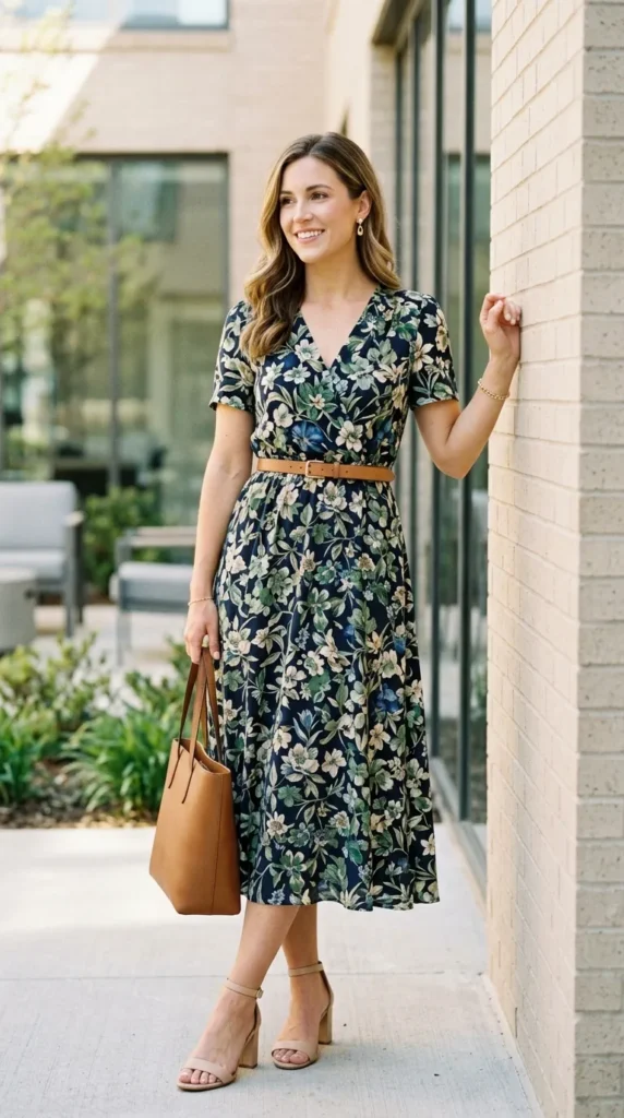Woman in belted floral midi with ankle strap heels leaning, warm spring office casual look