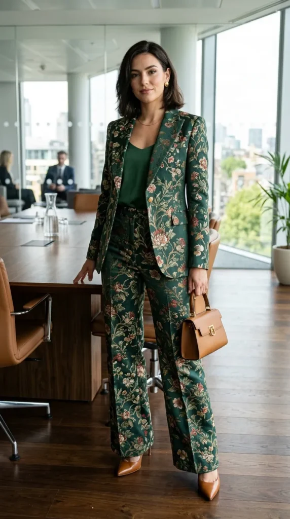 Woman in matching floral print suit 3/4 view, commanding professional spring office statement look