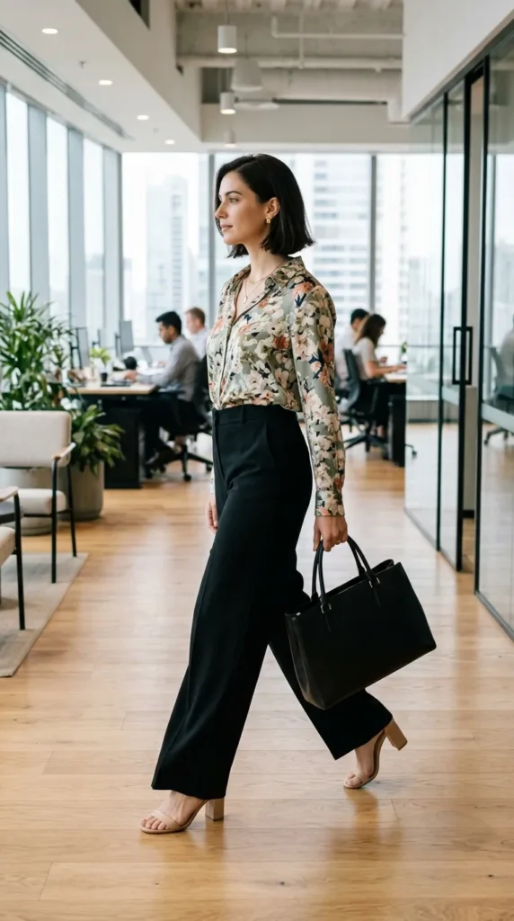 Woman in floral blouse with wide-leg trousers and block heels side view, refined professional spring look
