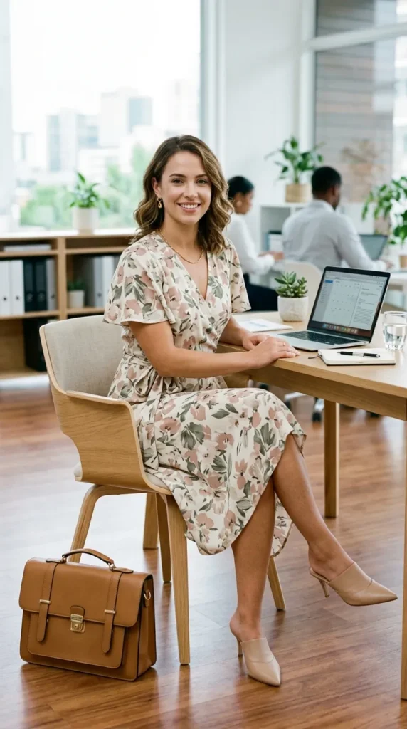 Woman seated in floral wrap dress with pointed mules, versatile professional spring office look