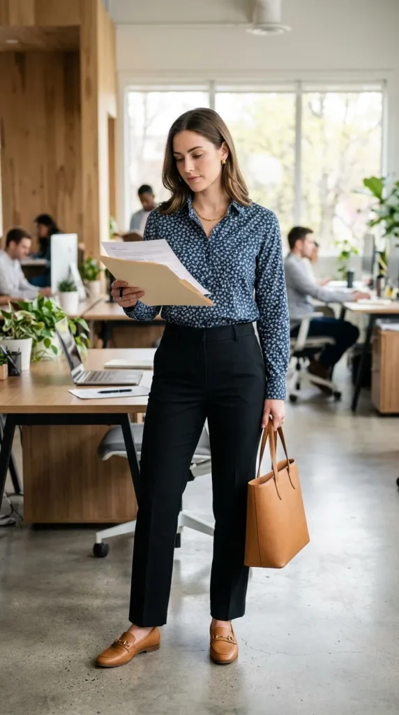 Woman in ditsy floral shirt with tailored trousers candid working moment, practical professional spring look