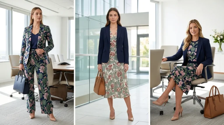 Professional woman in floral midi dress with navy blazer at office, spring floral workwear look
