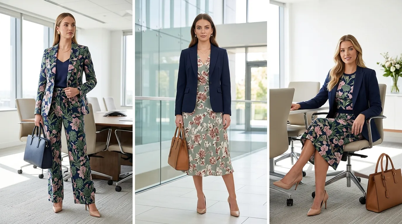 Professional woman in floral midi dress with navy blazer at office, spring floral workwear look