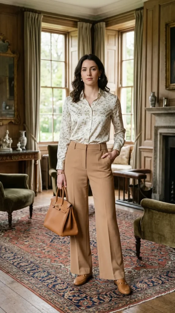 old money spring floral outfits  Woman in ivory floral silk blouse with camel wide-leg trousers, old money quiet luxury spring look