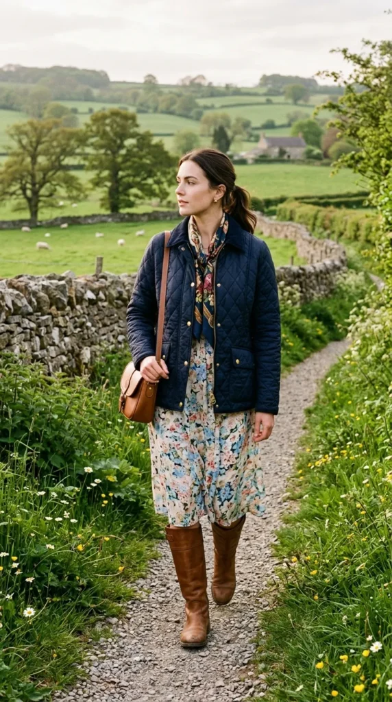 Woman in floral midi with quilted jacket and knee-high boots side view, British country old money spring look