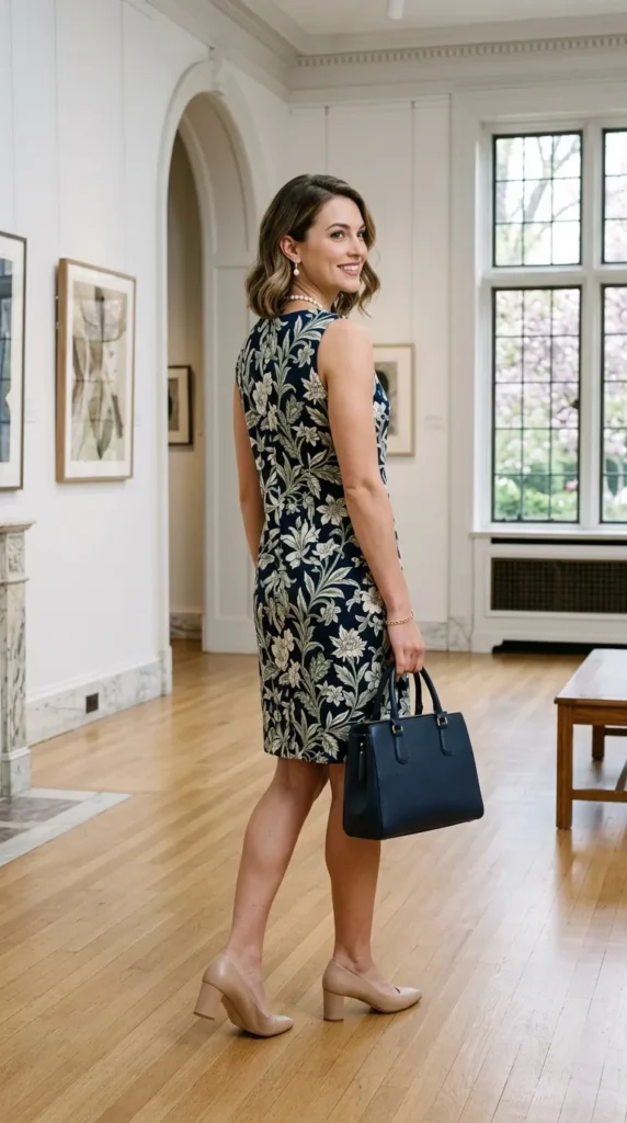 Woman in botanical shift dress with pearl necklace over shoulder view, timeless old money spring look