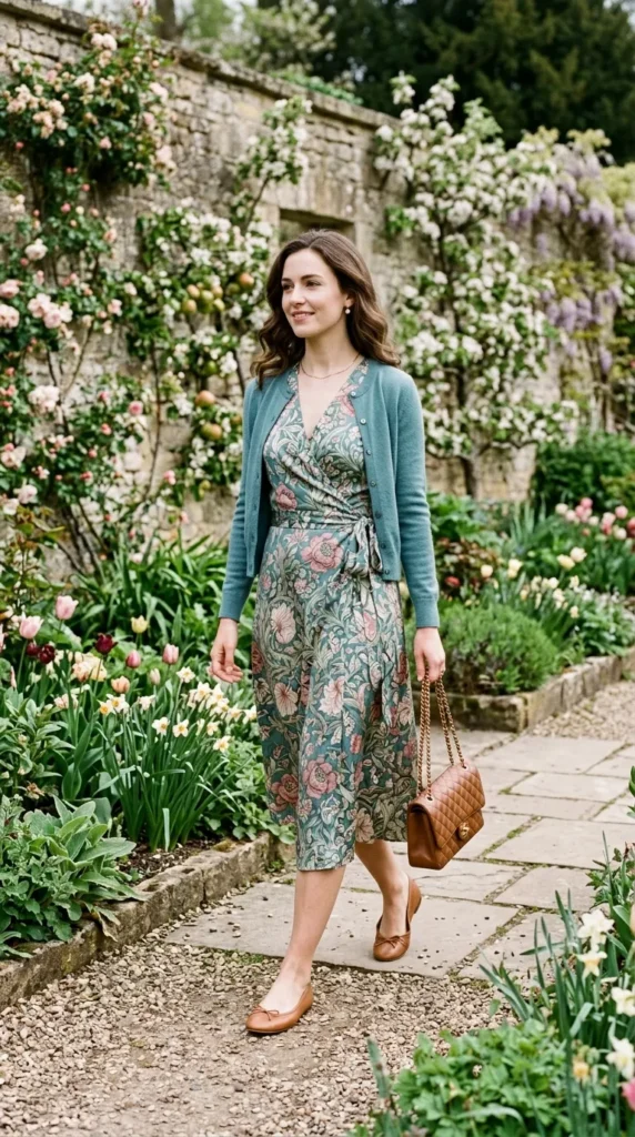 Woman walking in floral wrap dress with cashmere twinset and ballet flats, deeply old money spring look