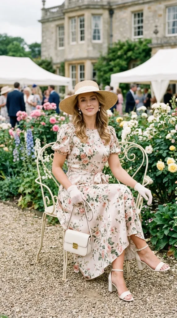 Woman seated in floral midi dress with wide-brim hat and white gloves, garden party old money spring look