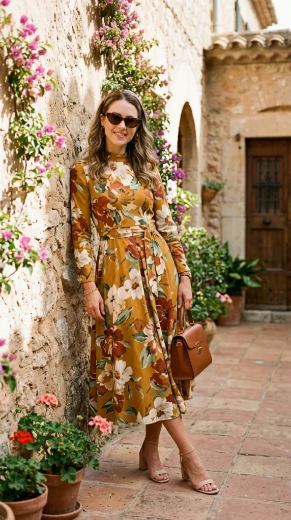 Woman in vintage floral print midi with tortoiseshell accessories leaning on wall, historically aware old money spring look