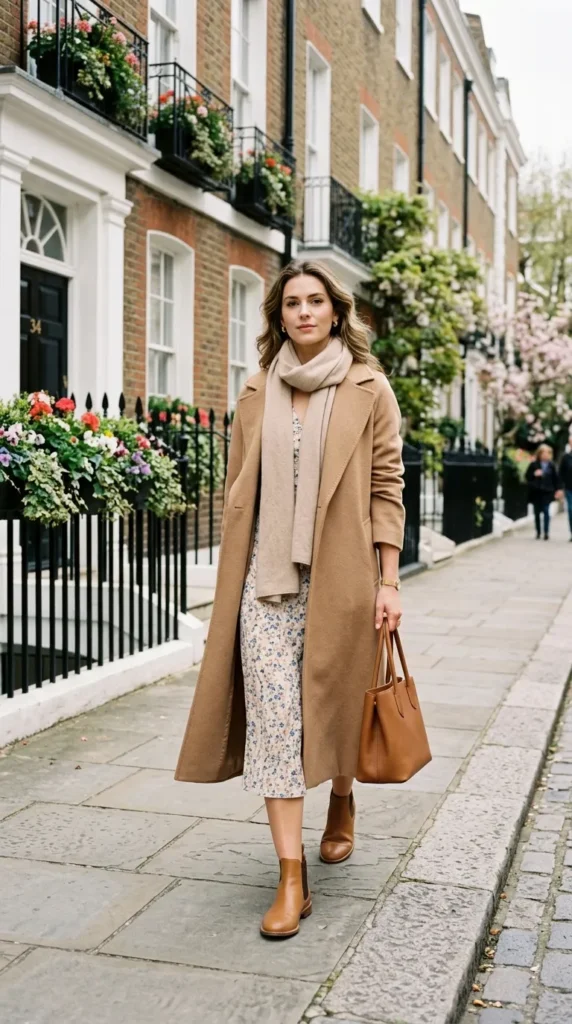 Woman in floral midi with camel overcoat and Chelsea boots 3/4 view, transitional old money spring look