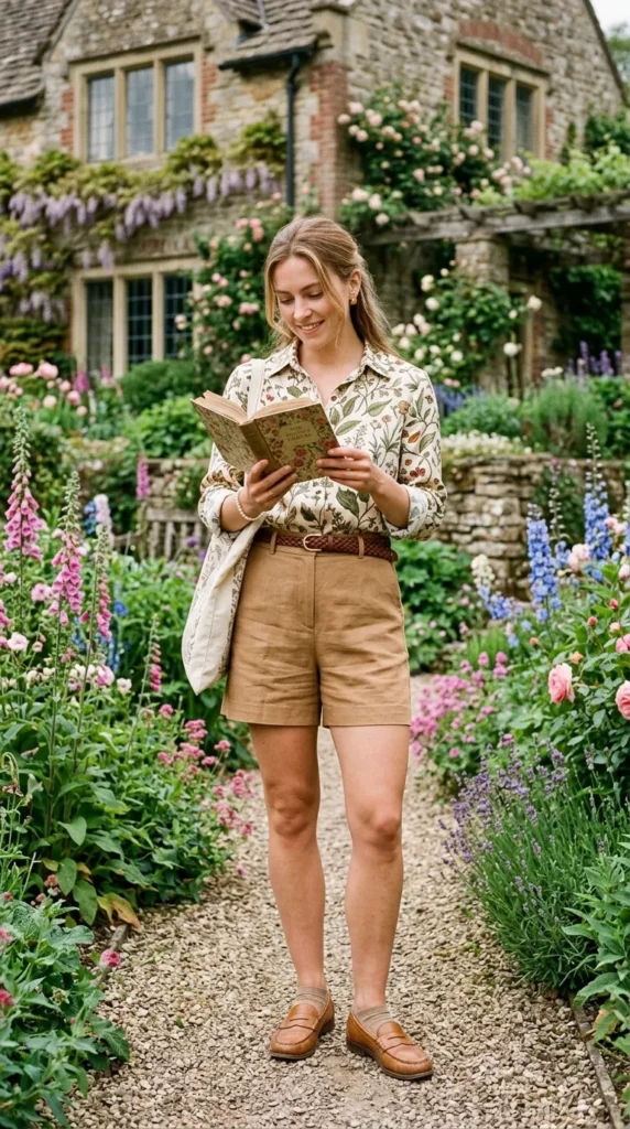 Woman in Arts and Crafts floral blouse with tailored shorts candid, artisan old money spring look