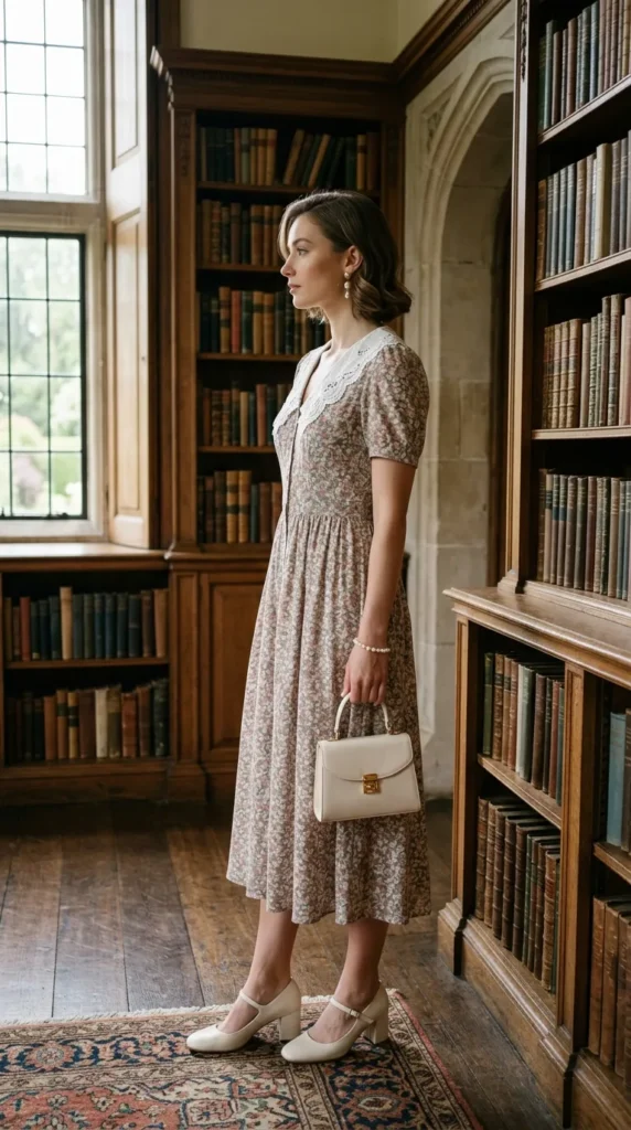 Woman in floral midi with lace collar and Mary Jane heels side view, historically resonant old money spring look