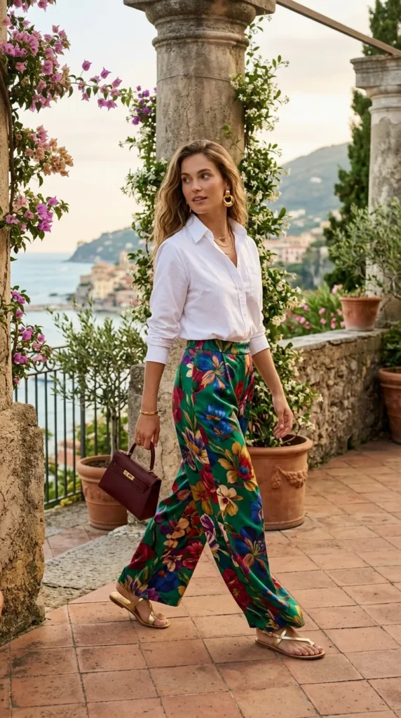 Woman in floral silk trousers with white shirt and gold accessories over shoulder, maximal old money spring look