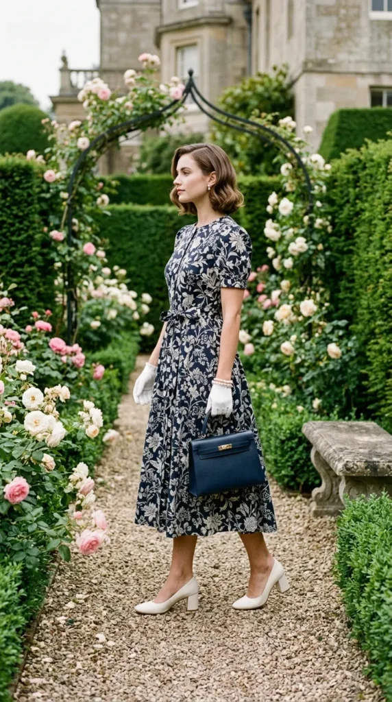 Woman in navy floral tea dress with white gloves and block heels side view, formal old money spring look
