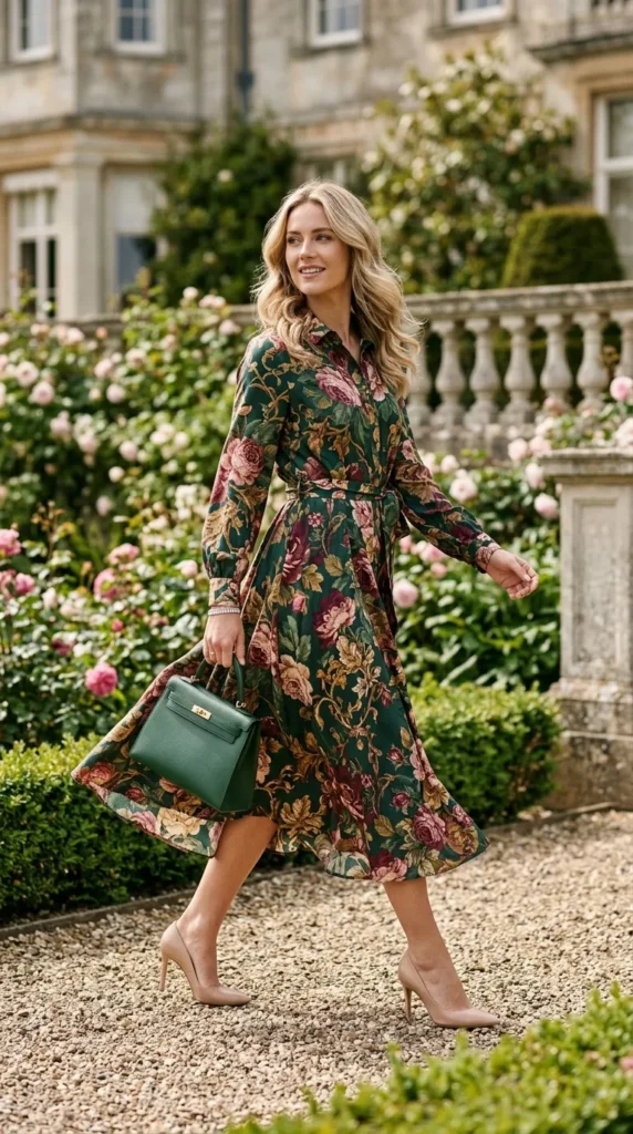 Woman walking in heritage floral midi with tennis bracelet, quietly opulent old money spring look