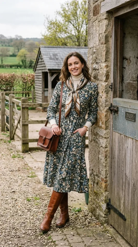 Woman in floral midi over polo neck with riding boots leaning, equestrian old money spring look