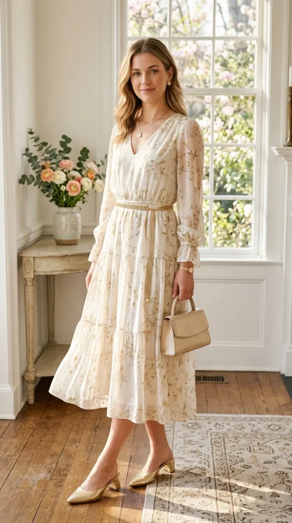 Woman in delicate floral silk midi with gold chain belt and mules 3/4 view, minimal old money luxury spring look