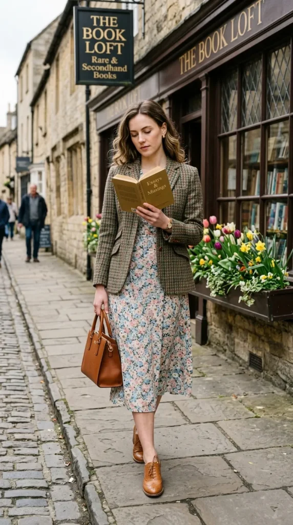 Woman in floral midi with tweed jacket and brogue heels candid, deeply British old money spring look