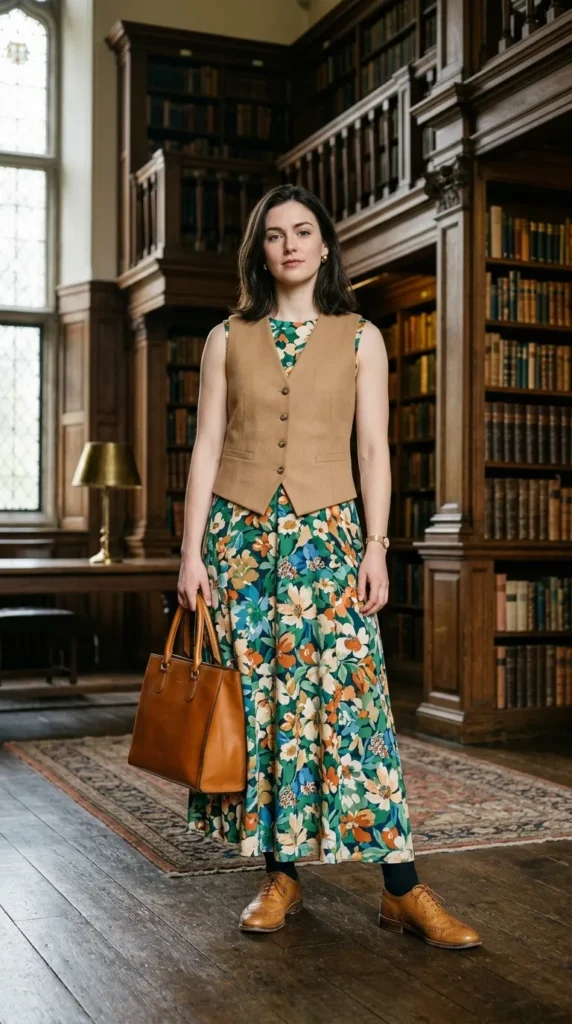 Woman in floral maxi with tailored waistcoat and Oxford shoes facing camera, androgynous old money spring look
