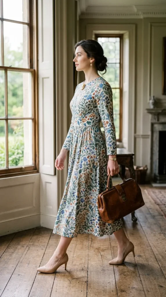 Woman in heirloom floral midi with inherited jewellery side profile, the definitive old money spring look