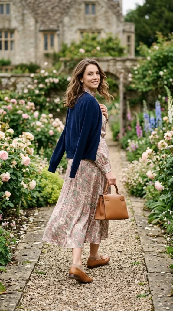 Woman in floral silk midi with cashmere cardigan draped over shoulders over shoulder view, quintessential old money spring look