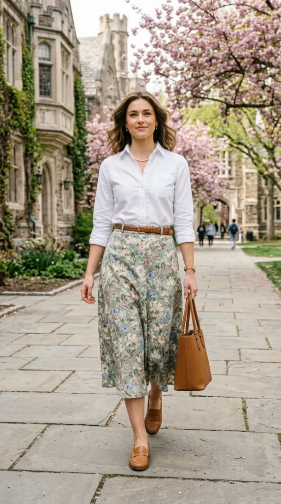 Woman walking in floral midi skirt with tucked Oxford shirt and loafers, Ivy League old money spring look