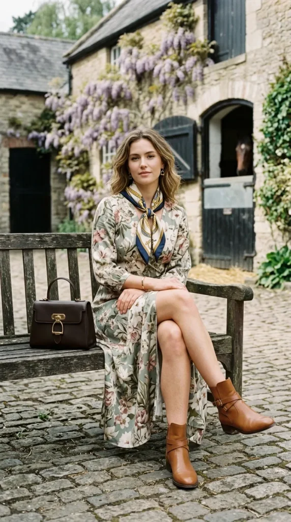 Woman seated in botanical wrap dress with equestrian boots and silk neck scarf, old money country house spring look