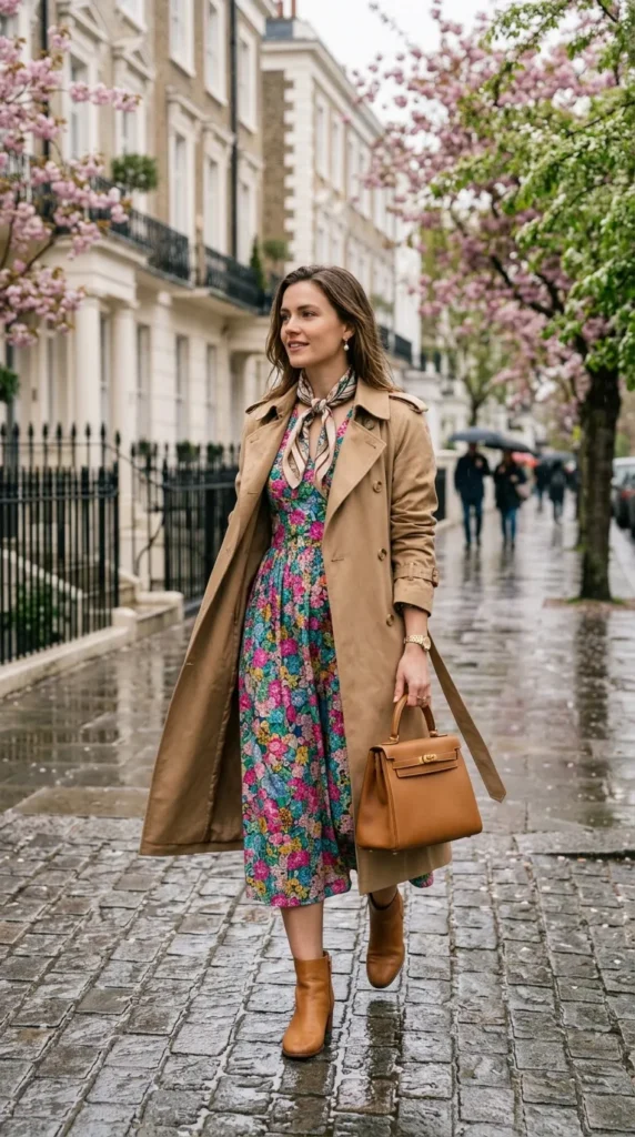 Woman in Liberty floral midi with trench coat 3/4 view, quintessentially British old money spring look