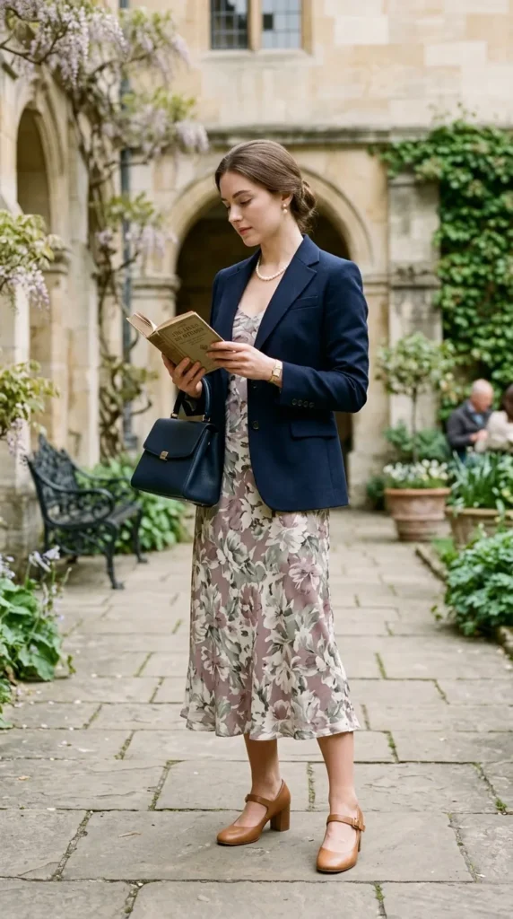 Woman in muted floral midi with navy blazer and Mary Jane heels candid, refined old money spring look